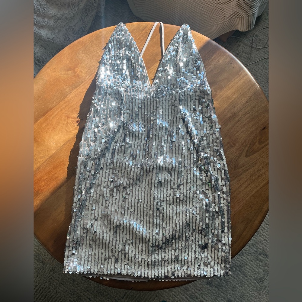 Zara Silver Sequin V-Neck Mini Dress